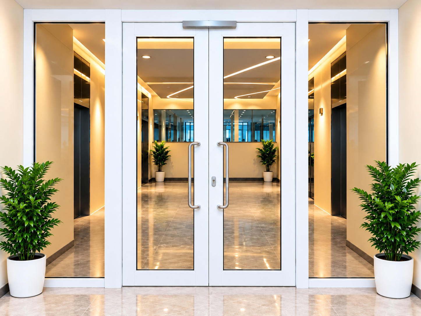 White-framed glazed double doors and side panels in a modern office lobby entrance